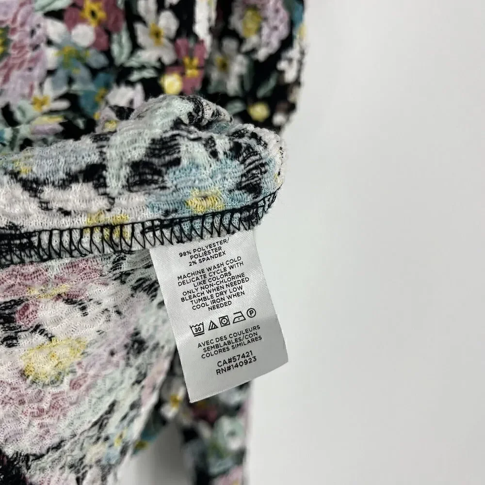 LOFT Top Size Medium Black Floral Shirred Puff Long Sleeve Shirt V Neck Stretch
